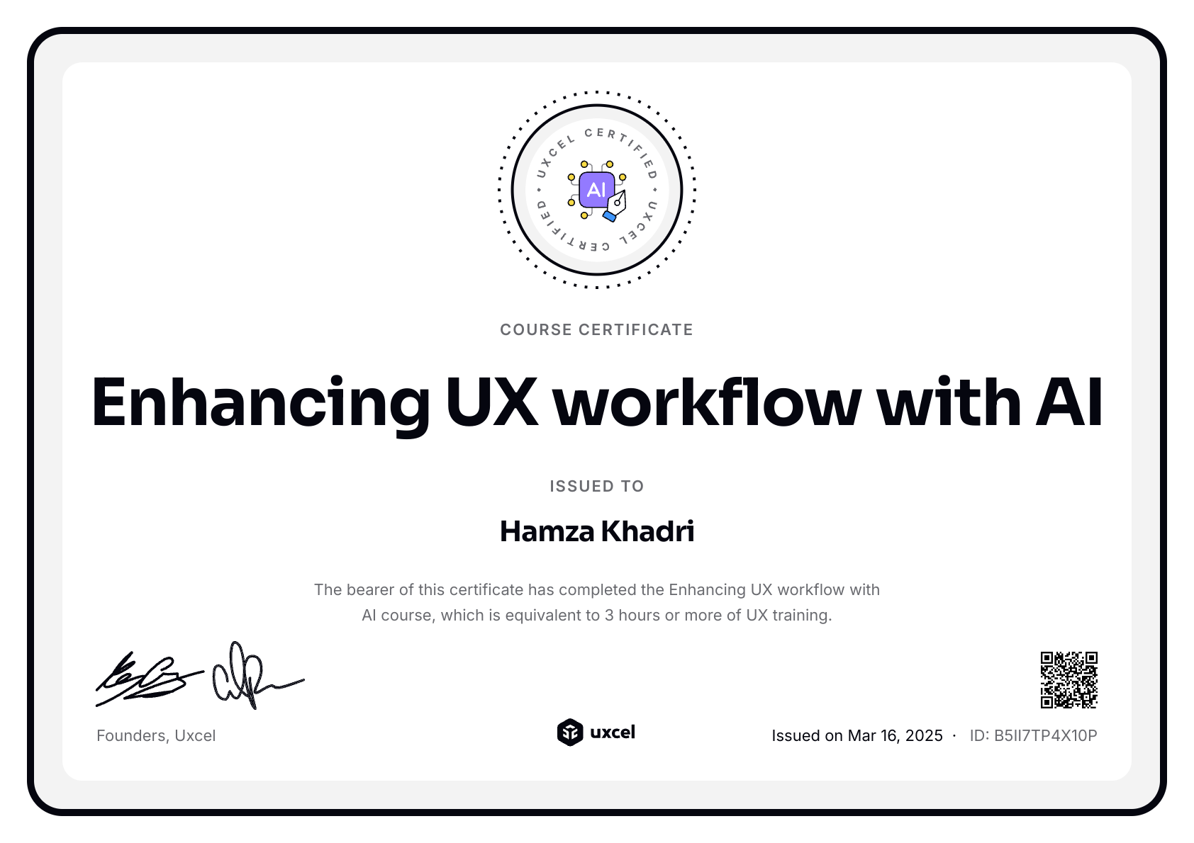 Hamza Khadri's certificate